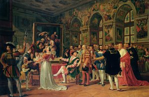 Francis I (1494-1547) tar emot en målning av den heliga familjen av Raphael