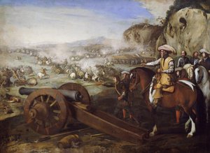 Kapten till häst beordrar att avfyra kanon under strid, målning av Aniello Falcone (1607-1656), olja på duk, 94x131 cm