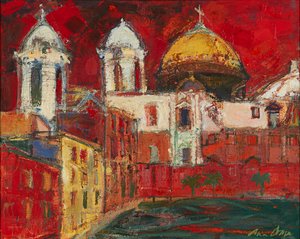 Cadiz katedral och byggnader, röd himmel (olja på duk)