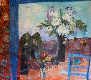 Stilleben med blommor och en blå stol, 2019 (akryl)