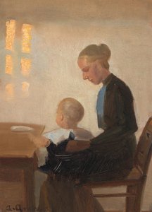 En interiör med en mor och ett barn. av Anna Ancher