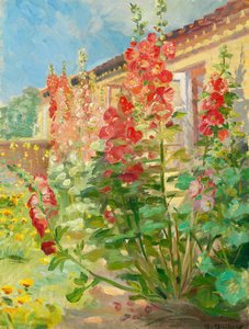 Röda stockrosor i familjen Anchers trädgård på Markvej i Skagen. av Anna Ancher