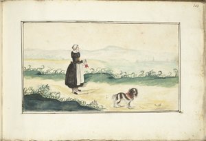 Bondekvinna och hund i ett landskap av Anna Cornelia Moda (possibly)