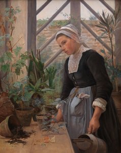Bretonisk flicka som sköter växter i växthus, 1884