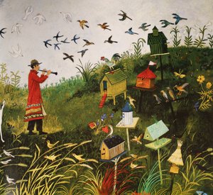 Bird Piper med svarta fåglar, 2001 (akryl) av Anna Pugh