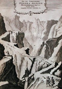 Frontispice till volym I av "Itinera Alpina" av Johann Jacob Scheuchzeri, publicerad 1706 (gravyr) av Anna Wasera (after) Tigurina