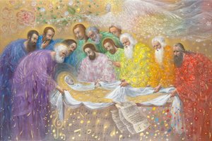 The Burial of Virgin Sophia, 2014 (olja och bladguld på belgiskt linne) av Annael Anelia Pavlova
