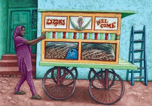 Gatuförsäljare, Indien, 2019 (gouache) av Annalisa Morrocco