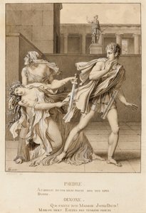 Phaedre, som har förklarat sin passion, försöker döda sig själv med Hippolytus svärd av Anne-Louis Girodet de Roucy-Trioson