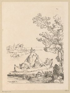 Flodlandskap med en båt som roddas av en kvinna Cabinet du Roy (serietitel på objekt)