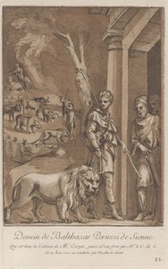 En herde som håller ett lejon i koppel i förgrunden, i mitten sh..., ca. 1729-64 av Anne Claude Philippe de