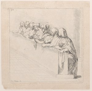 Sju kvinnor som sitter bakom en låg mur, 1700-talet. av Anne Claude Philippe de Caylus