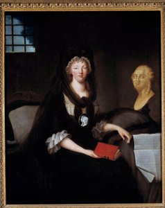 Porträtt av Marie Antoinette (1755-1793) i stor sorg i Temple Prison (eller Marie Antoinette på Concierge, i sorg, med en komé som föreställer delfinen, med en bok om Maria, drottning av Skottland, nära en byst av Ludvig XVI och h av Anne Flore Millet de Brehan