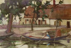 Båt på en kanal, fransk by av Anne Redpath