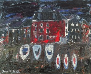 Båtvarv, Amsterdam (olja ombord) av Anne Redpath