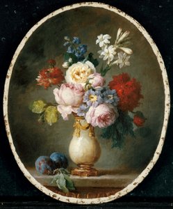 En vas med blommor och två plommon på en marmorskiva, 1781
