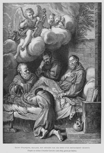Den helige Franciskus av Assisi, som lider av sjukdom, blir helad av ljudet av ett himmelskt instrument (litho) av Annibale (after) Carracci