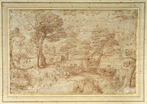 Landskap med resten på flykten från Egypten, efter Annibale Carracci (penna och brunt bläck på papper) av Annibale (studio of) Carracci
