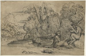 Landskap med en satyr som spelar flöjt, kvinna och putto av Annibale Carracci (attributed to)