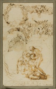 Den berusade Silenus och dekorativa skisser: Studier för Tazza Farnese (recto); Två Putti slåss: Studie för Galleria Farnese (a tergo) av Annibale Carracci