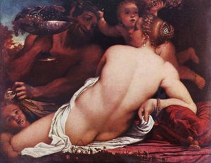 Tyska: Bacchantin Venus med en satyr och Amor av Annibale Carracci