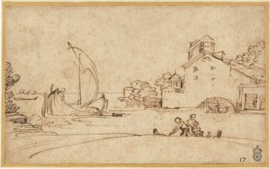Landskap med figurer vid en mynning med segelbåtar av Annibale Carracci