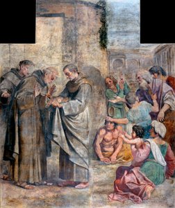 Rosornas mirakel - anklagad för stöld av mat, den spanske franciskanermunken Saint Diego av Alcala (1400-1463) finner att matvarorna som gömts i hans vana att ge dem till de fattiga har förvandlats till rosor - Målning av Annibale Carracci (An av Annibale Carracci