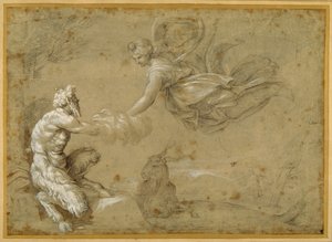 Pan som presenterar ullen för Diana (penna och brunt bläck med brun tvätt) av Annibale Carracci