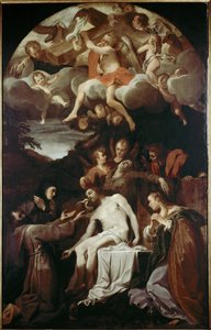 Pieta med St Claire, St Francis, St Mary Magdalena och St John (olja på duk av Annibale Carracci