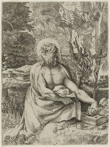 Saint Hieronymus i vildmarken, ca 1591 (etsning med gravyr på lagt papper, iiiiv) av Annibale Carracci