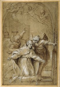 St Gregory besöktes av änglar som ber för själar i skärselden (penna & brunt bläck med brun tvätt och höjning) av Annibale Carracci