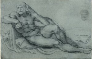 Studie av Hercules vilande, med separata studier av hans huvud och fot (recto); Rektangulärt rutmönster (verso) av Annibale Carracci
