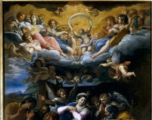 The Adoration of the Shepherds Detalj som representerar en konsert av himmelska änglar som sjunger Guds ära. Målning av Annibale Carracci eller Annibal Carrache (1560-1609). 1597. Orleans, Fine Arts Museum. av Annibale Carracci