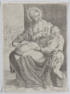 Jungfrun satt med en kudde i knät med den unge Kristus stående till höger..., 1580-1600. av Annibale Carracci