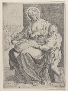 Jungfrun satt med en kudde i knät med den unge Kristus stående till höger..., 1580-1600. av Annibale Carracci