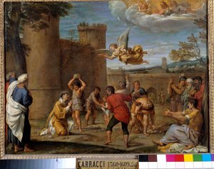 Steningen av St. Stephen: St. Stephen (Stephane), var den första kristna martyren som dog genom stening år 36 e.Kr. JC. Målning av Annibale Carracci eller Annibal Carrache (1560-1609). 1500-talet. Dim 0,42 x 0,54 m Paris,