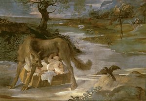 Hon-vargen som diar Romulus och Remus, från historien om Romulus cykel, ca 1590 av Annibale Copy Carracci