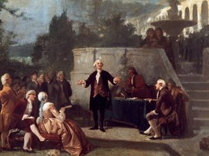 Den italienske dramatikern Carlo Goldoni (1707-1793) förklarar en sonett inför medlemmarna i Colonia Alfea (motsvarande Academy of Arcadia i Pisa) i Scotto Garden of Pisa Målning av Annibale Gatti (1828 - 1909) av Annibale Gatti