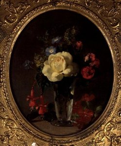 Still Life of a Yellow Rose, Mignonette och Fuchsias (olja ombord) av Annie Feray Mutrie