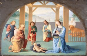 Det nyfödda barnets tillbedjan (efter Perugino), ca 1844-1933 (olja på duk) av Annie Louisa Swynnerton