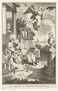 Allegori om Delft Beskrivning av Delft (titel på objekt) Titelsida för: S.n., Beschryving der stadt Delft, 1729 av Anonymous