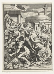 Allegorisk representation med Historia, Fader Tid med en kruka med mynt Titelsida för: Carl Patin, Imperatorum romanorum numismata, s.a. av Anonymous