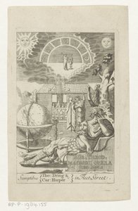 Ambrosius Theodosius Macrobius leunend på stenen bredvid jordklotet Guld Theod. Macrobius Opera Cum Notis (titel på objekt) Titelsida för: Ambrosius Theodosius Macrobius, Aur. Theodosius Macrobius V. Cl. & lysande verk, 1694 av Anonymous