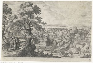 Apollo går med en ung kvinna Landskap med mytologiska och bibliska scener (serietitel) av Anonymous