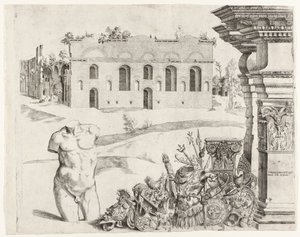 Arkitektonisk capriccio med spolia, en manlig torso och utsikt över Diocletianus bad av Anonymous