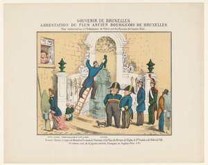 Gripande av Manneken Pis, 1845 Souvenir från Bryssel. Arrestering av den äldsta borgaren i Bryssel. För brott mot polisförordningen om Pissoiren av år 1845 (titel på föremål) av Anonymous