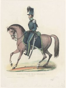 Belgisk vigilante till häst, 1830 Garde Civique de la Belgique (Kavalleri) (titel på objekt) av Anonymous