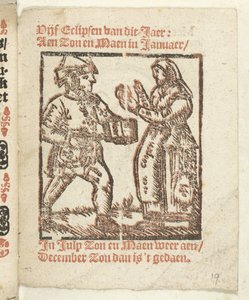 Sida med stående figurer av en handlare och en kvinna, 1712 I vilken Lidt de Maen är / där du dör / lämnar naken om det inte är en stor notering; Als Peste / Pleures is / ende sulck quaet / oock inte sonder des Meestersraet (titel på objekt) av Anonymous