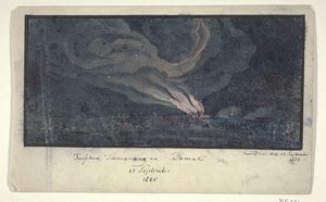 Brand i ett landskap i centrala Java, 1825 Mellan Samarang och Damak / 13 september 1825 (titel på objekt) av Anonymous