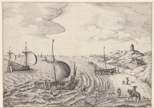 Kustlandskap med fiskebåtar av Anonymous